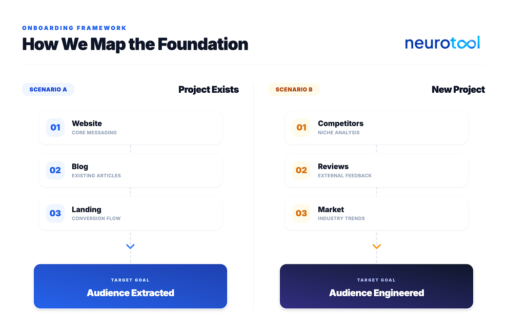 Two-scenario diagram for building audience analysis from existing website content or competitor and market research