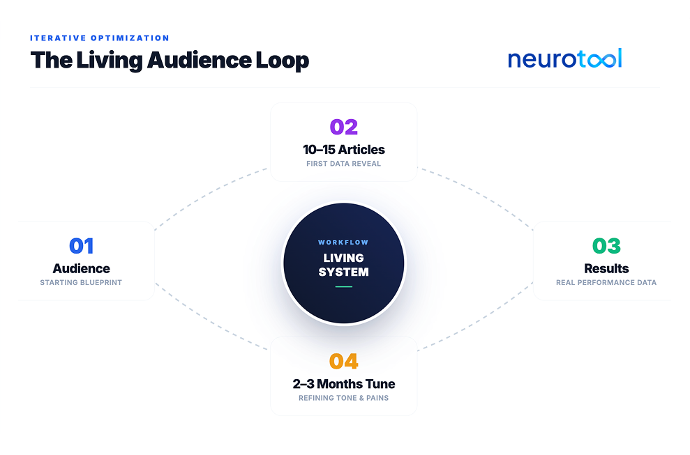 Diagram showing the four-step cycle of updating audience analysis over time