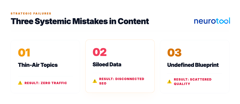 Chart showing three systemic mistakes that break an SEO content plan