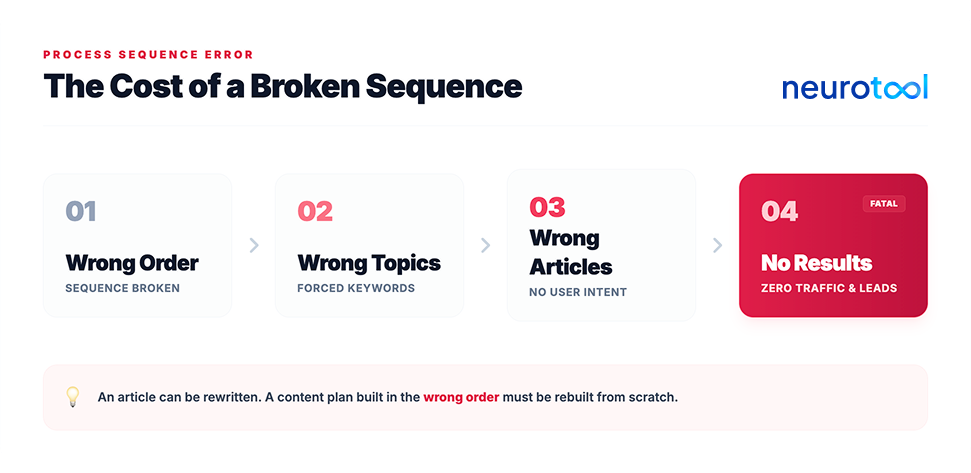 Diagram showing how a broken content planning sequence leads to zero results