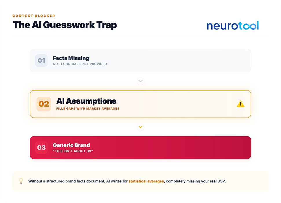 Diagram showing how missing brand facts lead AI to write generic content