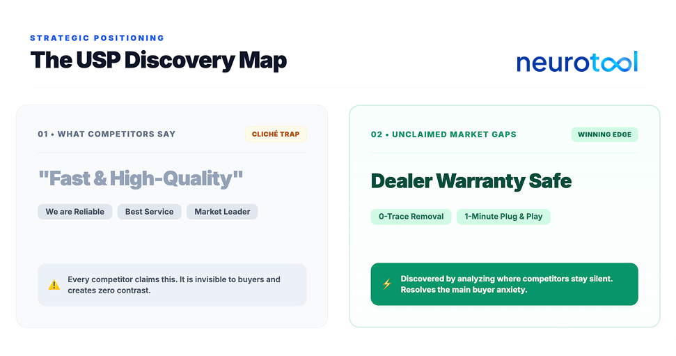 Comparison of generic competitor claims versus a real USP found in market gaps
