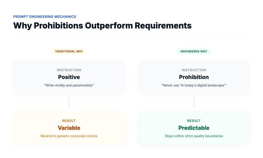 Comparison of positive AI instructions versus explicit prohibitions and their results