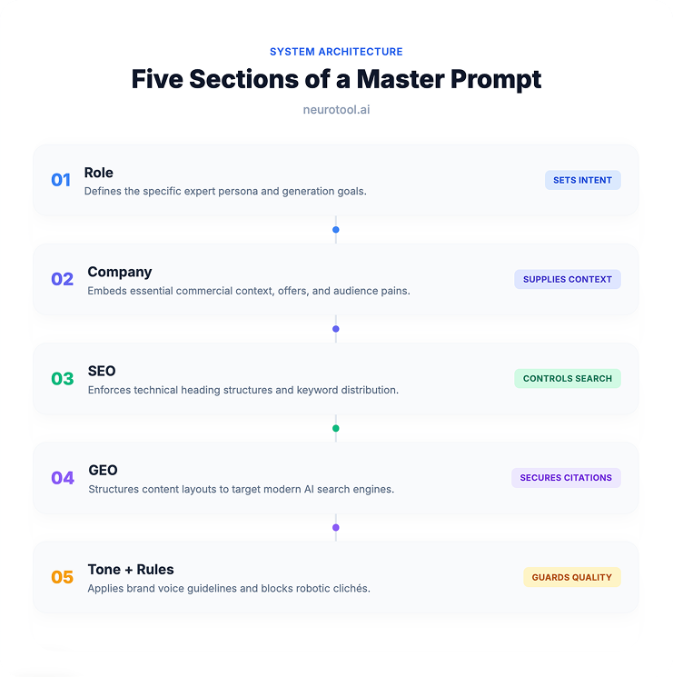 List of five master prompt sections: role, company, SEO, GEO, and tone rules