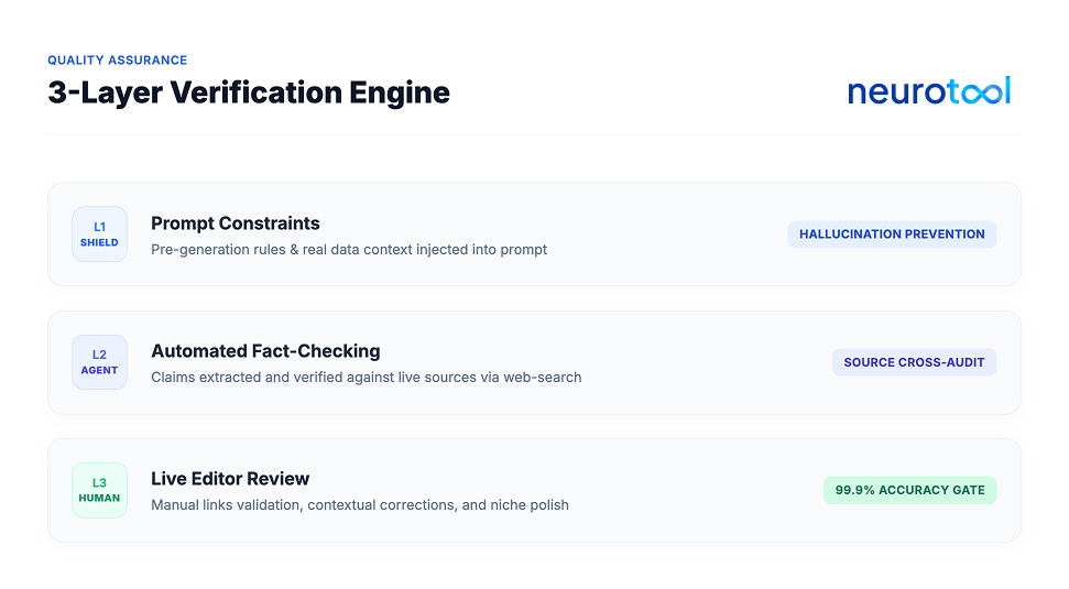 Three-layer verification process: prompt constraints, automated fact-checking, and editor review