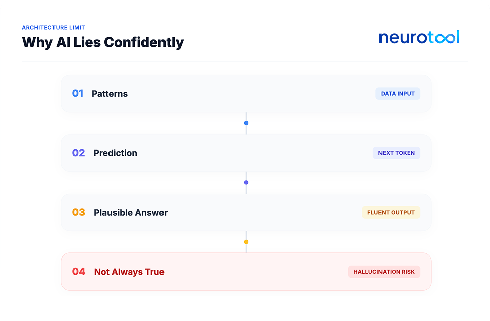 Four-step process showing how AI's pattern prediction leads to confident hallucinations