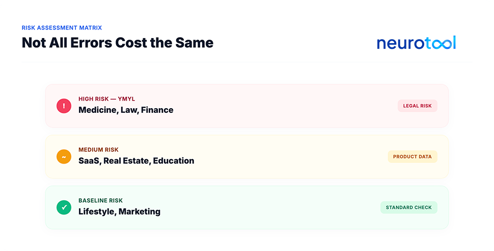 Three-tier risk matrix classifying content niches by fact-checking requirements