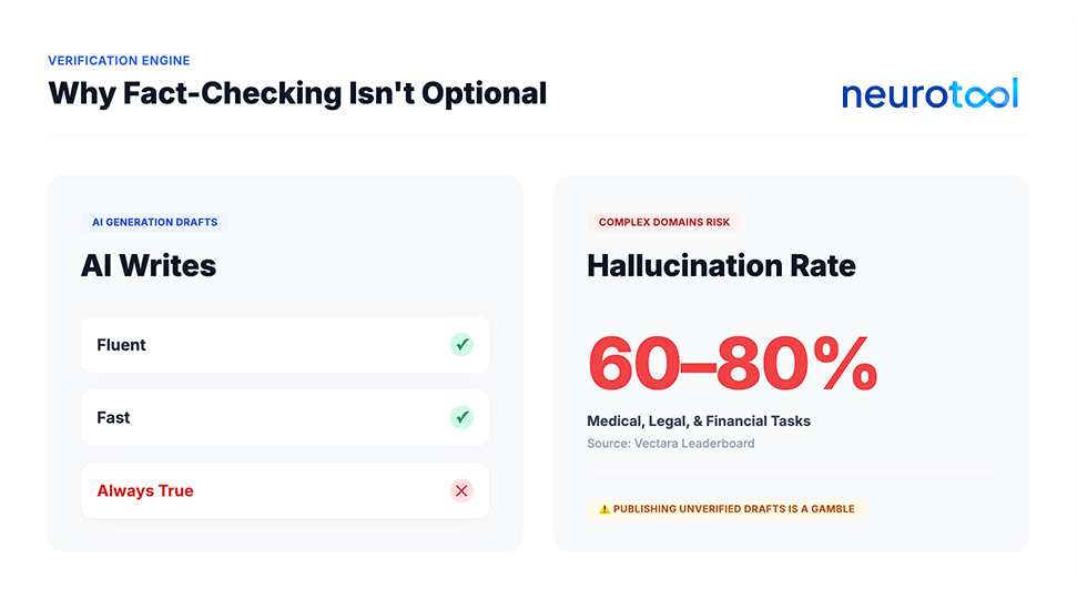 Chart showing AI writing traits alongside high hallucination rates in complex domains
