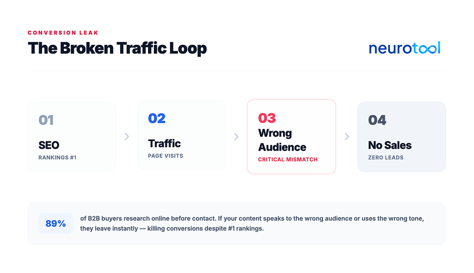 Diagram showing how SEO rankings and traffic fail to convert due to wrong audience targeting, causing zero leads